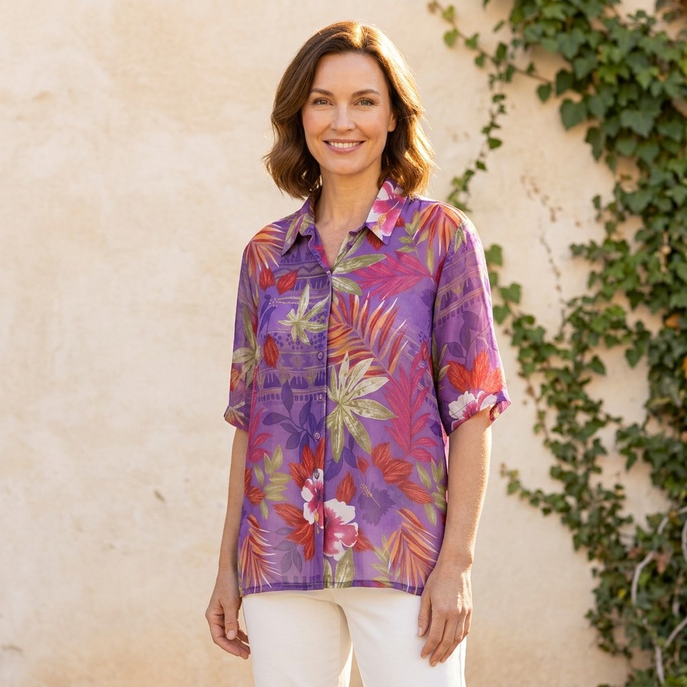 Bonworth L Top Blouse Sheer Purple Green Floral Button Front Tropical Grandma‎